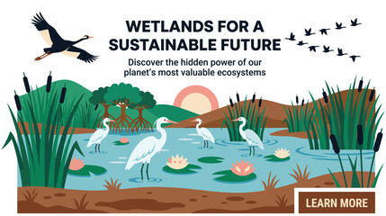 Fototapeta premium Wetlands for sustainable future banner with cranes flying.
