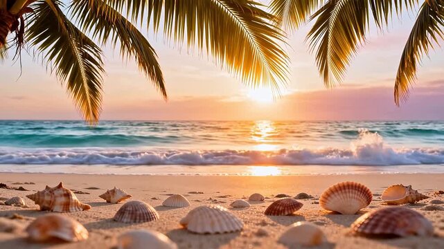 Beach with shells and palm leaves at sunset