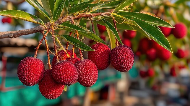 "Ripe lychee fruits hanging from tree branch in soft morning sunlight"
