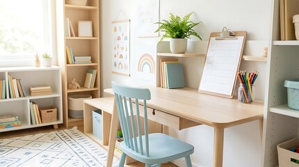 Fototapeta premium Bright modern room with wooden desk and shelves for study and creativity