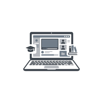 Creative Black and White of Laptop Showcasing Education and Online Learning Elements with high quality professional line art symbols for modern creative design and digital branding projects