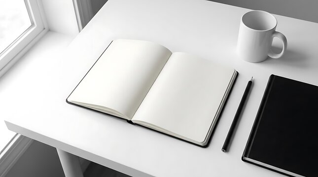 Open blank notebook and writing tools on white desk surface