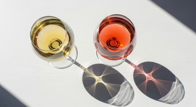 Two Glasses of White and Rose Wine with Beautiful Sun Shadows and Caustics on White Table Top Down View