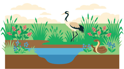 Fototapeta premium Wetlands nature illustration with great egret, snake, and pond.