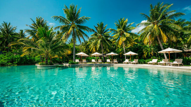 Luxury Tropical Resort Swimming Pool Surrounded by Lush Palm Trees