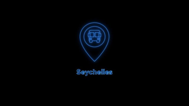 Neon seychelles travel map pin with bus animation for tourism and transport projects