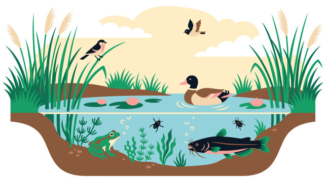 Cross section of pond life with duck and catfish fauna.