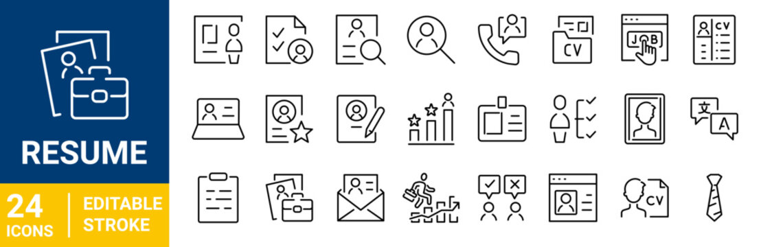 Resume Icon Set, Containing Job Application, CV, Career, Recruitment and Employment Vector Collection