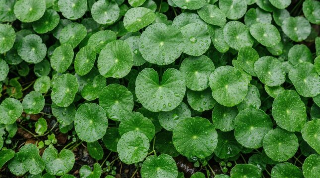 Fresh green centella asiatica leaves with water droplets in garden
