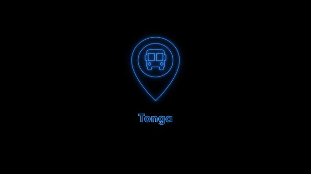 Neon tonga travel map pin with airplane animation for tourism and transport projects