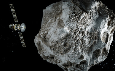 Satellite in Space passing asteroid, 3d animation © Mikael Damkier