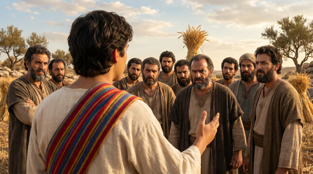Joseph telling his dream to his brothers, serious atmosphere, in a wheat field. A scene from the Old Testament. 