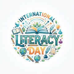 Obraz premium International literacy day creative badge design with open books globes pens and education school icons