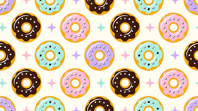 A colorful and seamless pattern featuring various sweet frosted donuts with sprinkles and stars