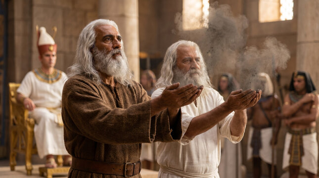 Moses and Aaron standing together, throwing furnace soot toward heaven, Egyptian courtiers in soft background already showing boils on their skin. Sores, plague of Egypt