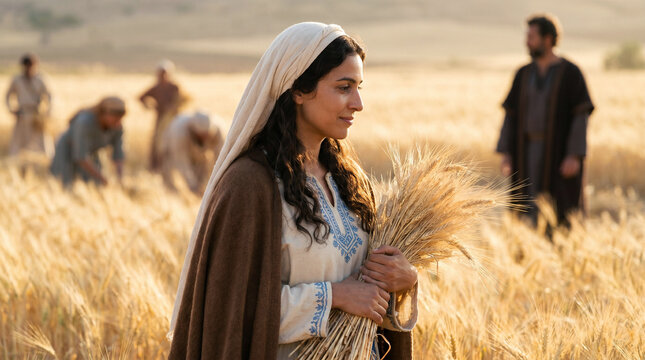 Ruth in golden barley field, serene mood, carrying wheat stalks, biblical setting