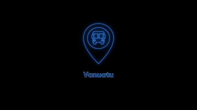 Neon vanuatu travel map pin with bus and airplane symbol for tourism and navigation