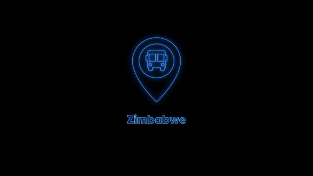Zimbabwe travel concept: neon blue bus location pin and airplane animation tourism