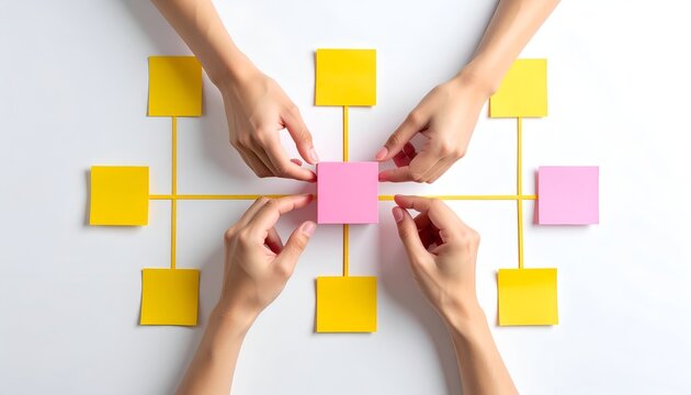Top view of hands arranging colorful sticky notes in a connected workflow diagram, symbolizing teamwork, brainstorming, collaboration, project planning, and business strategy.