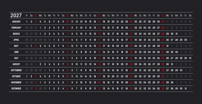 2027 calendar, linear and horizontal timeline planner on dark background, one page vector template, english language