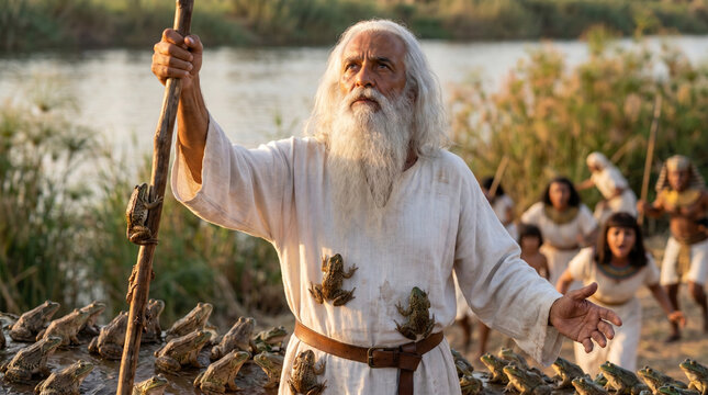 A scene from the Old Testament. The plague of frogs, a plague of Egypt. Aaron raising staff during plague of frogs, dramatic scene on riverbank