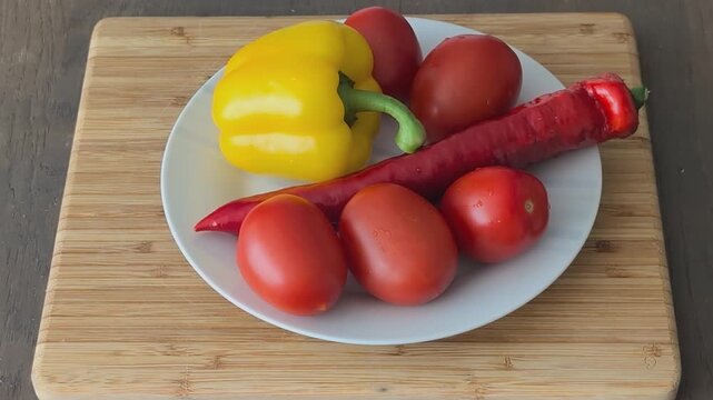 Fresh vegetables ready for slicing on a cutting board in a kitchen setting