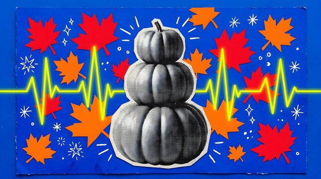 A stack of three pumpkins sits against a vibrant blue background adorned with autumn leaves and a bright green heartbeat line.