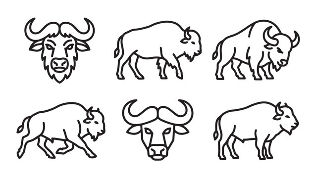 Bison and buffalo animal outline vector set in multiple poses with bison icon buffalo head wildlife silhouette standing collection monochrome herbivore creature minimalist isolated
