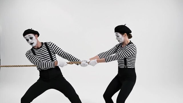 Two mimes performing tug of war on white background
