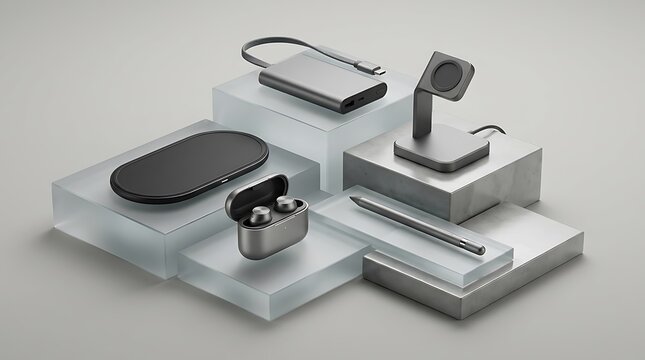Modern electronic gadgets and tech accessories arranged on geometric blocks.Curated Product Lineup