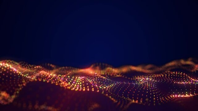 Abstract golden digital particle wave on dark background with glowing data points, soft depth, and large copy space.