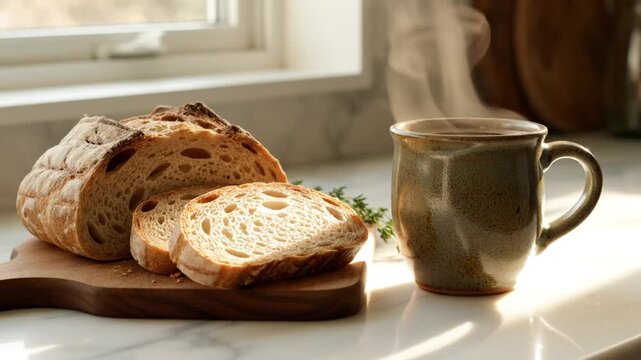 Cozy breakfast scene with rustic bread, sliced bread, a warm mug of coffee, and morning sunlight in the kitchen