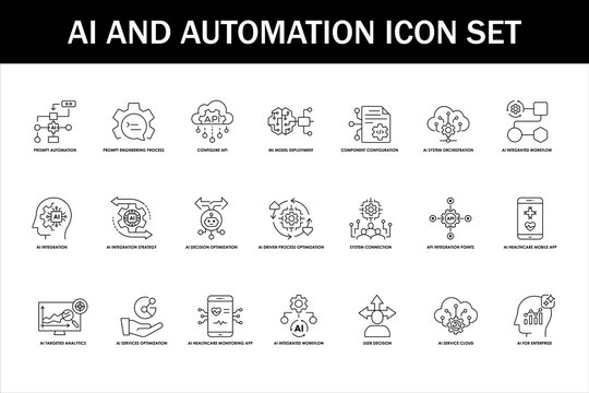 AI and Automation Icon Set Line Minimalist Workflow Vector Line Art with Editable Stroke