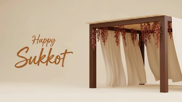 Traditional sukkah booth framed with wooden posts and thatched roof decorated with hanging autumn vines and flowing white curtains. Happy Sukkot text overlay for Jewish harvest festival celebration