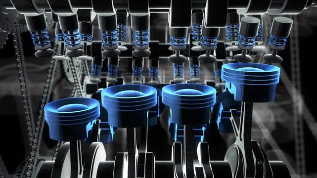 Activating car engine start button with V8 piston animation. Valves, pistons and crankshaft in motion.