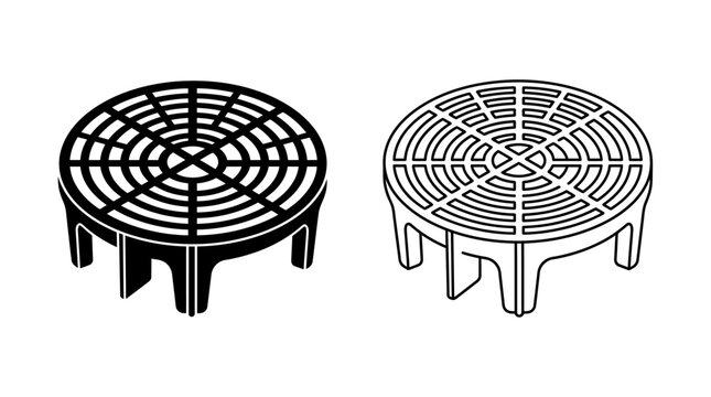 Circular grate with raised feet black and white line drawing