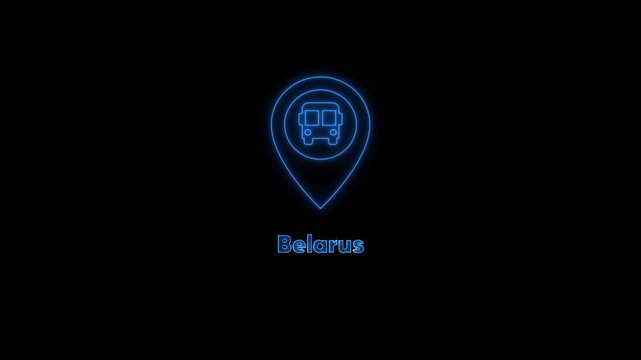 Belarus travel concept: neon bus map pin and airplane animation for tourism projects