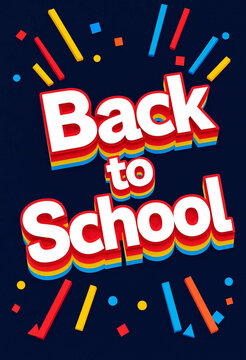 Back to school colorful text with confetti on dark background