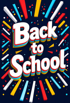 Back to school colorful text with geometric shapes on dark blue background