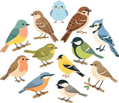 Cute cartoon forest birds collection set with sparrow robin blue jay goldfinch chickadee nuthatch titmouse elements isolated on white background vector illustration pack