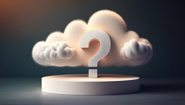 a white cloud with a question mark on it is floating above a white container