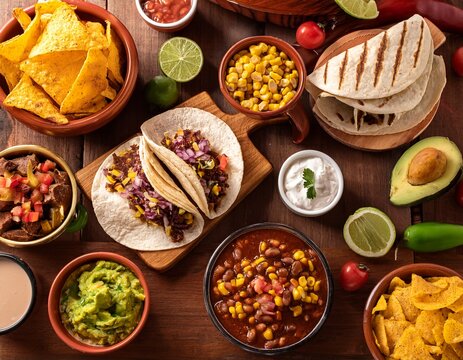 a vibrant display of traditional latin american cuisine including tacos burritos guacamole nachos hot chocolate and grilled corn on a table