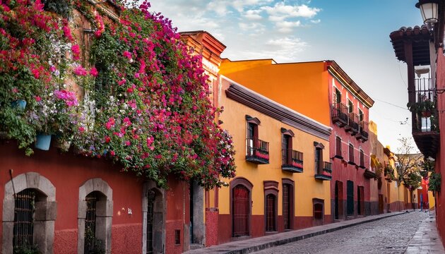 vibrant colonial architecture lines cobblestone streets adorned with blooming flowers ornate balconies and brightly colored facades showcasing san miguel de allende s charming mexican heritage