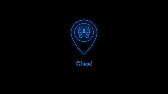 Neon chad map location pin with bus and airplane travel concept animation tourism