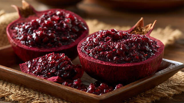 Fresh pomegranate halves with juicy red arils on wooden tray pomegranate nutrition