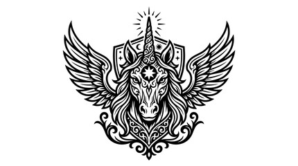 Fototapeta premium Winged Unicorn Emblem Tattoo Design Black and White Vector Art