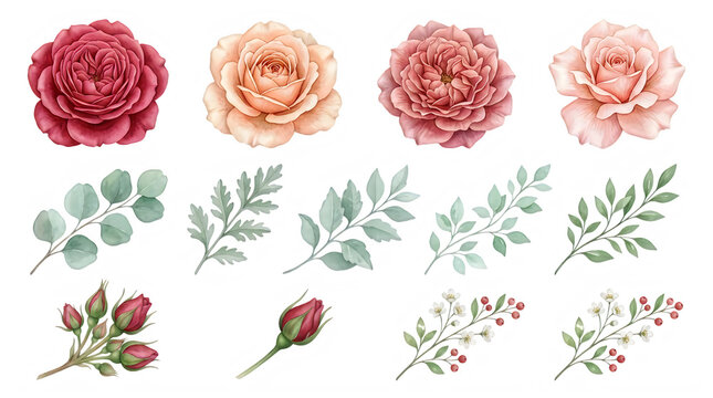 Watercolor roses and leaves illustrations