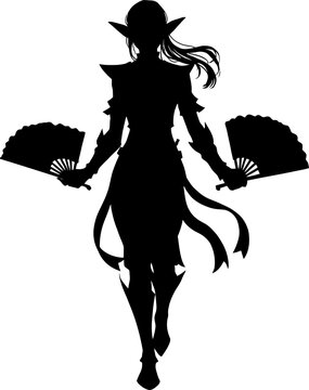 Female elf warrior silhouette holding two folding fans, fantasy asian style woman fighter in armor, minimalist elven assassin vector illustration isolated on white background