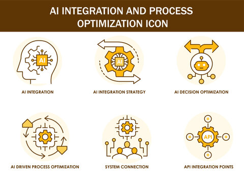 AI Integration and Process Optimization Color Icon Set with Editable Stroke