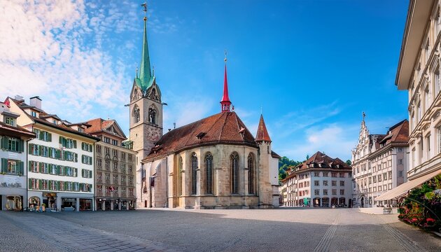 magnificent ancient gothic style buildings with ornate facades and steeples surround the picturesque cobblestone square in historic st gallen switzerland